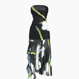 Commense Black Floral Strapless Dress